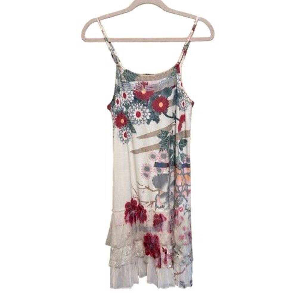 Origami Floral Tiered Chiffon Lace Dress Womens Medium Cream Sleeveless Boho Art